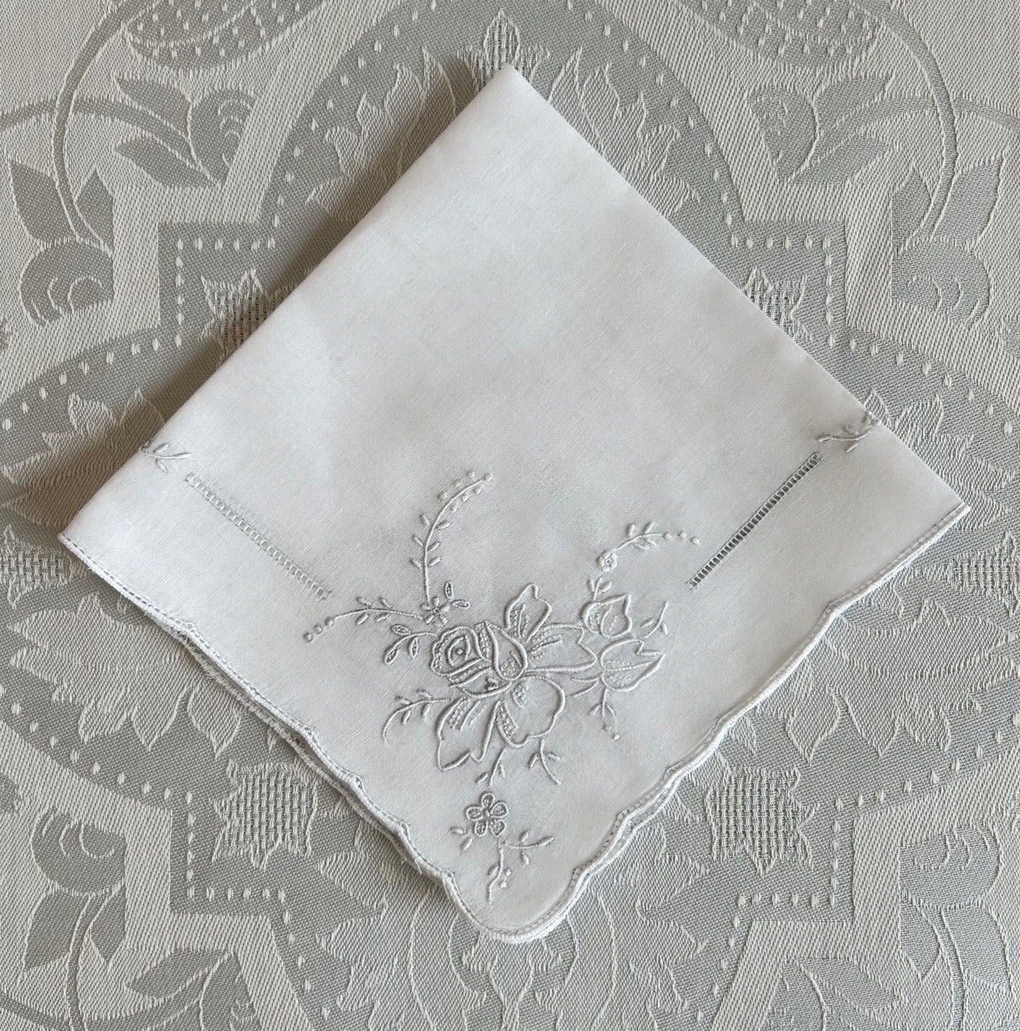 Handkerchief Ladies - Floral Embroidery with Scalloped Edge