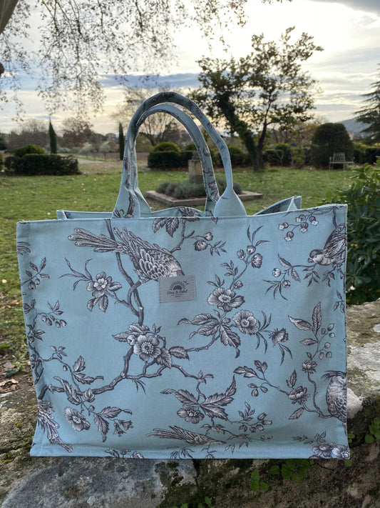 Cotton Canvas Tote - "Mesange Toile" Celadon Blue