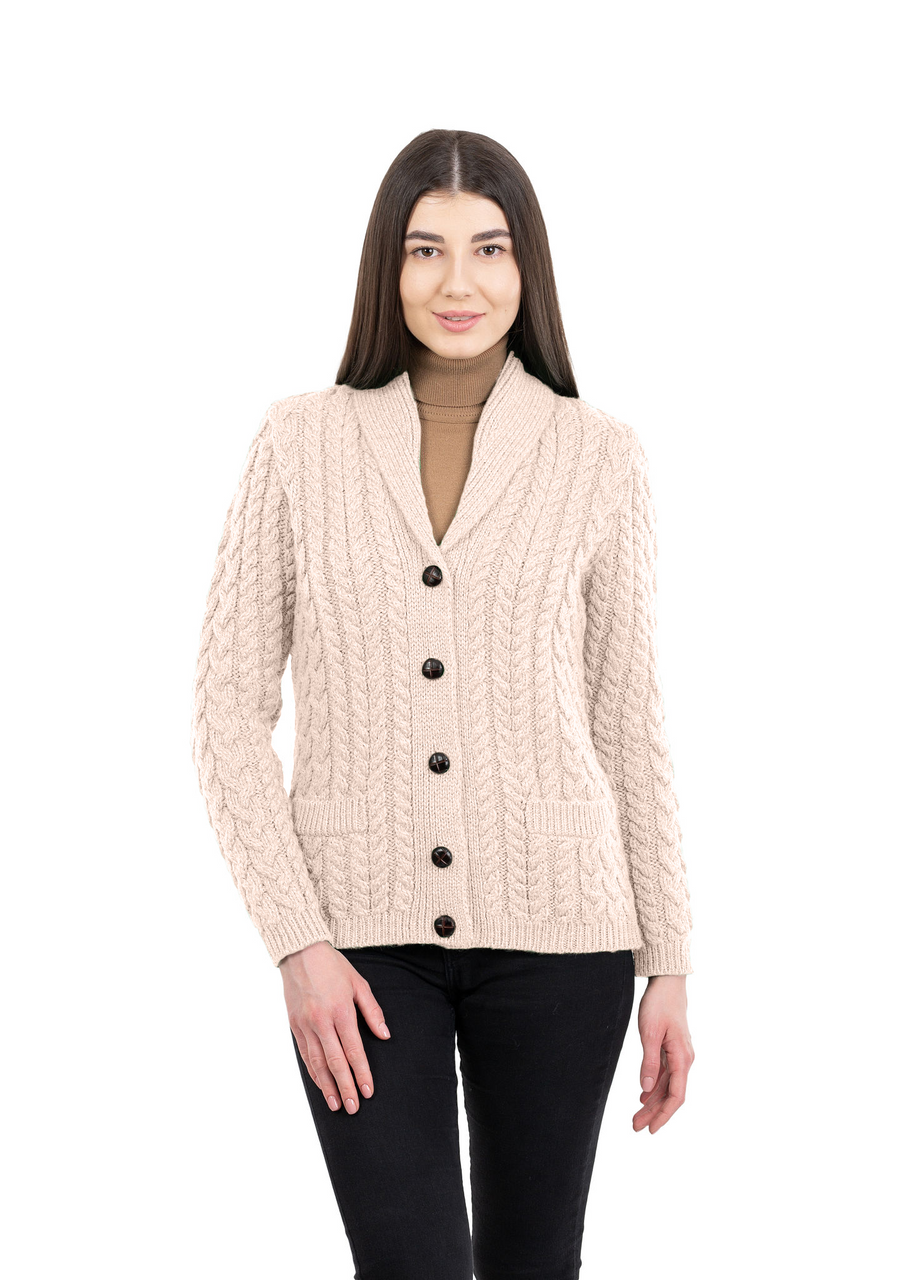 Ladies Merino Shawl Neck Cardigan - Parsnip