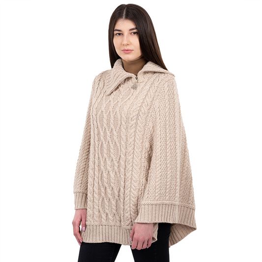 Ladies Cowl Neck Zipper Poncho - Parsnip