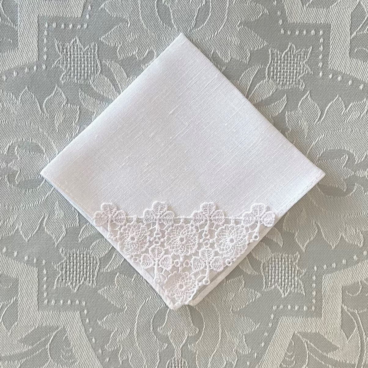Handkerchief Ladies - White Linen with Crochet Shamrocks and Pinwheels