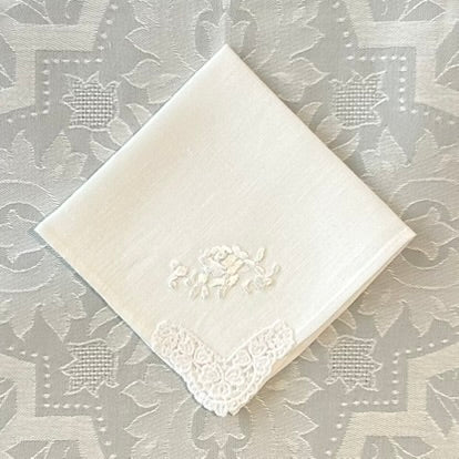 Handkerchief Ladies - Linen White Rose With Crochet Corner