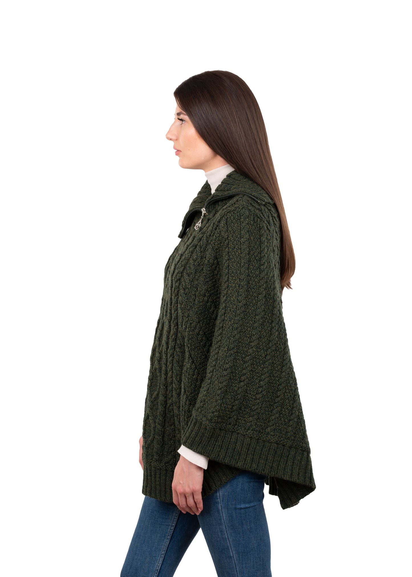 Ladies Cowl Neck Zipper Poncho - Army Green